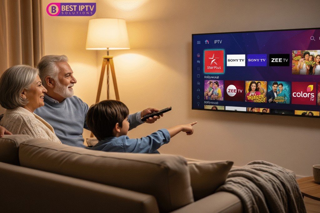 Smiling grandparents with their grandchild sitting on a sofa in a cozy living room, watching Indian IPTV channels like Star Plus, Sony TV, Zee TV, and Colors TV on a smart TV using Best IPTV Solutions.