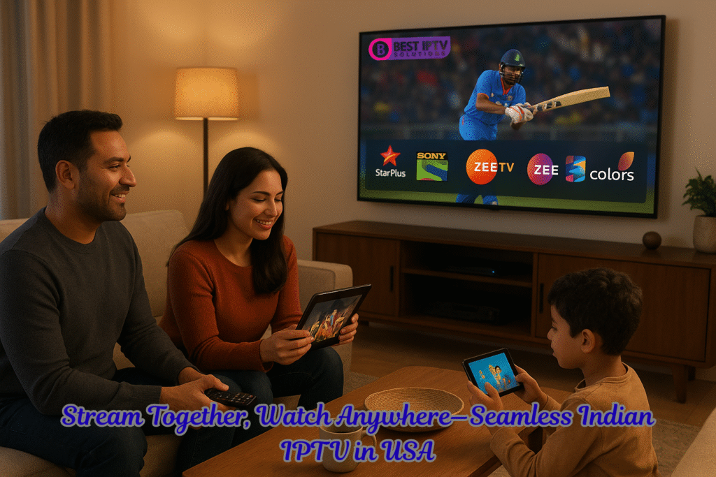 A South Asian family in a cozy American living room streaming with Best IPTV Solutions. The father watches live cricket on a smart TV showing Star Plus, Sony TV, Zee TV, and Colors TV, while the mother browses Bollywood movies on a tablet and the child enjoys cartoons on a smartphone—highlighting seamless multi-device support with the Best Indian IPTV in USA.